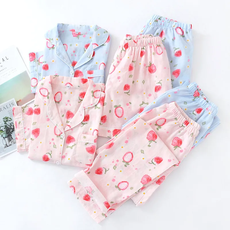 

Three-piece cotton gauze pajamas women's short-sleeved double-layer yarn cotton home service suit casual long shorts pyjamas