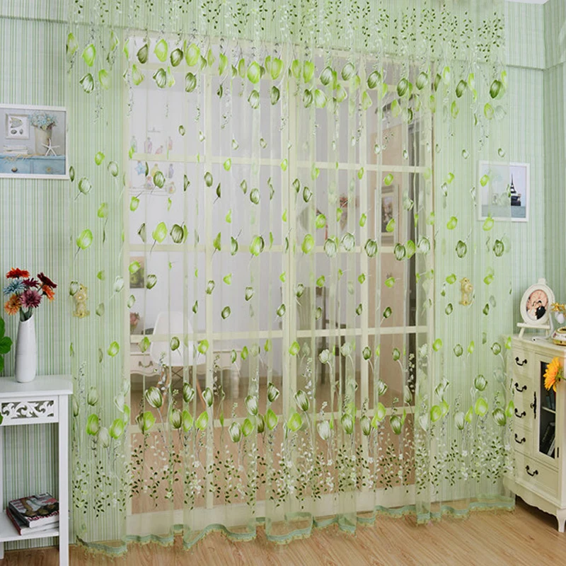 

Window Curtains Sheer Voile Tulle for Bedroom Living Room Balcony Kitchen Printed Tulip Pattern Sun-shading Curtain 1Mx2M