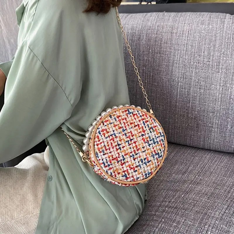 Шерстяная тканая маленькая круглая сумка на плечо женская для покупок Пляжная