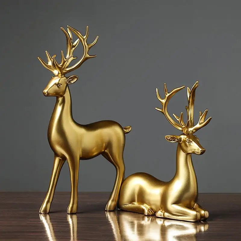 

Golden Elk Resin Statue Ornament Standing/Sitting Tabletop Crafts Elk Sculpture Couple Deer Figurines For Home Living Room Decor