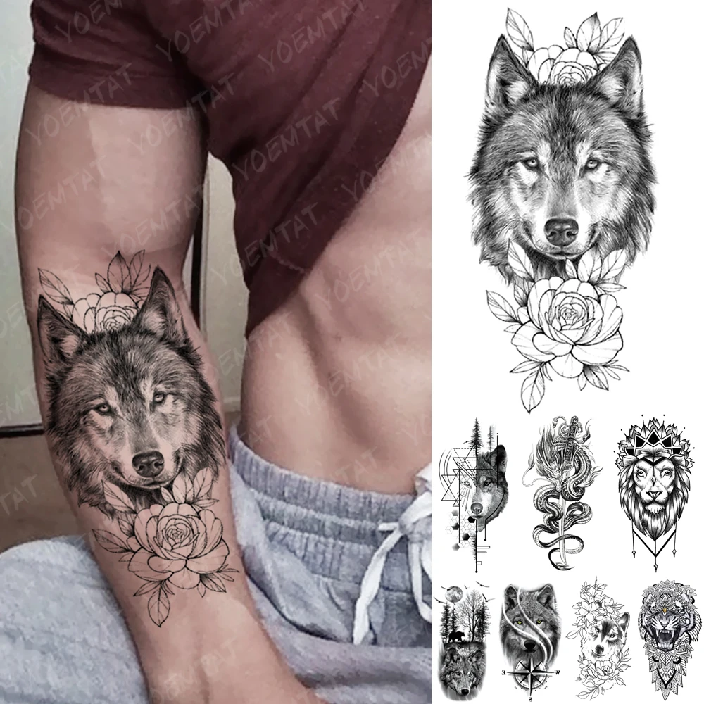 

Водостойкая временная татуировка наклейка геометрический волк Дракон Лев татуировки лесной тигр боди-арт рука Поддельные рукава татуиров...
