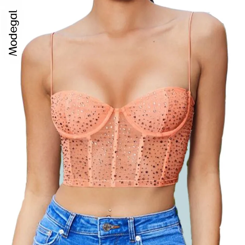 

Modegal женские Стразы на бретельках с крючком Прозрачный без рукавов облегающий Топ