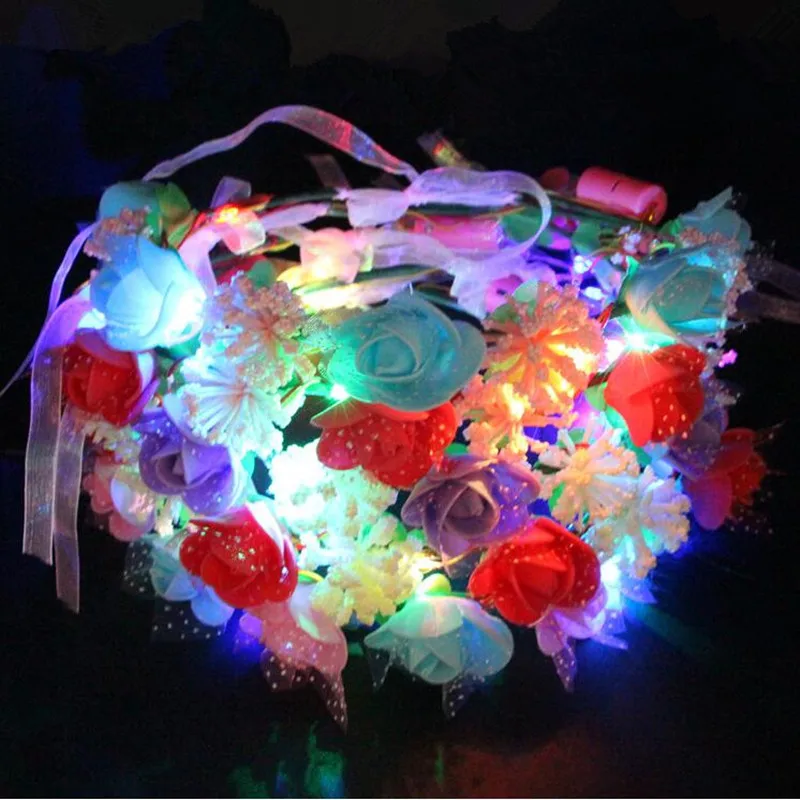 

2022 Colorful LED Flashing Flower Headband Women Girls Lighted Floral Garland Hairband Bridal Hair Accessory Glow Party Supplies