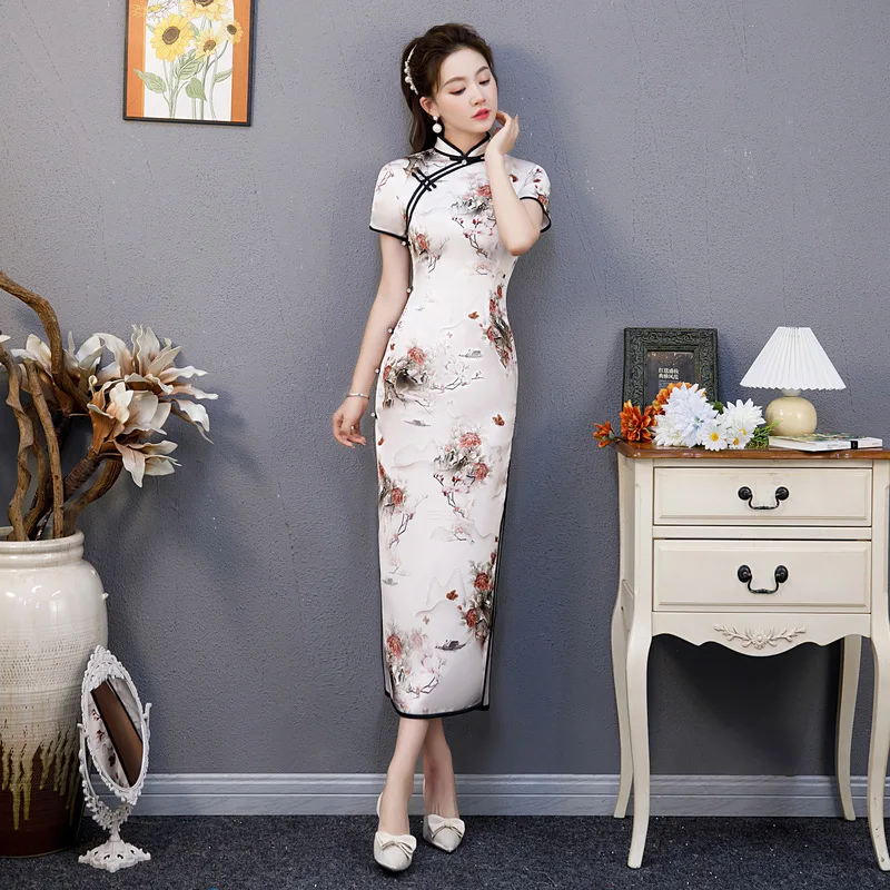 

Chinese Style Blue Dress Gown Sexy Women Rayon Cheongsam Vintage Mandarin Collar Qipao Short Sleeve Print Floral Long Vestidos