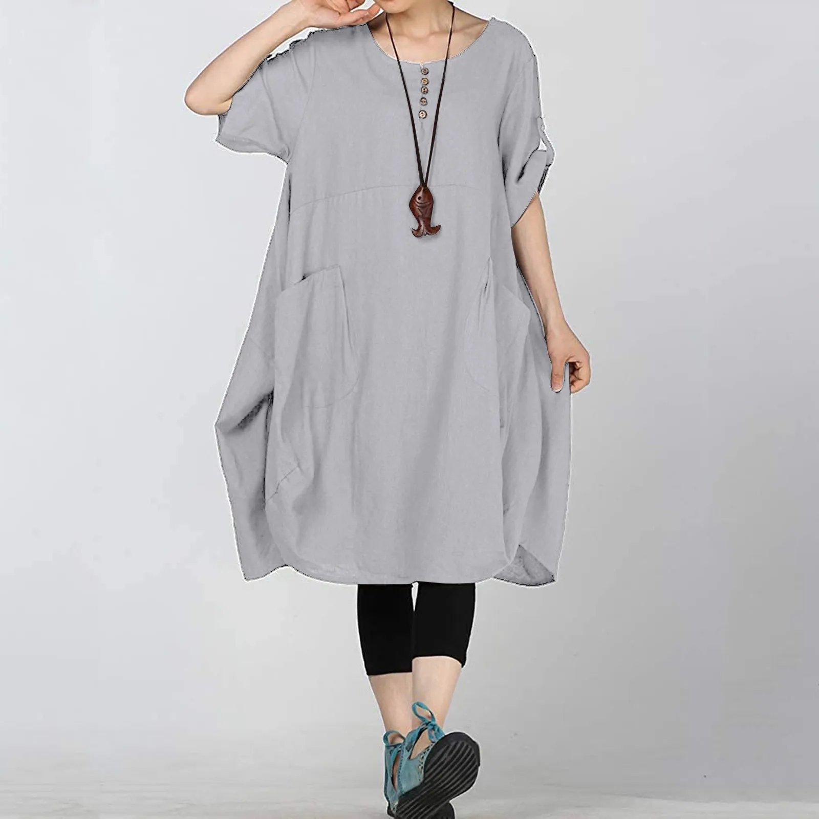 

Women's Solid Linen Shirt Dress Casual Loose Big Pockets Round Neck Short Sleeve Midi Dress 2022 Beach Holiday Summer Sundress