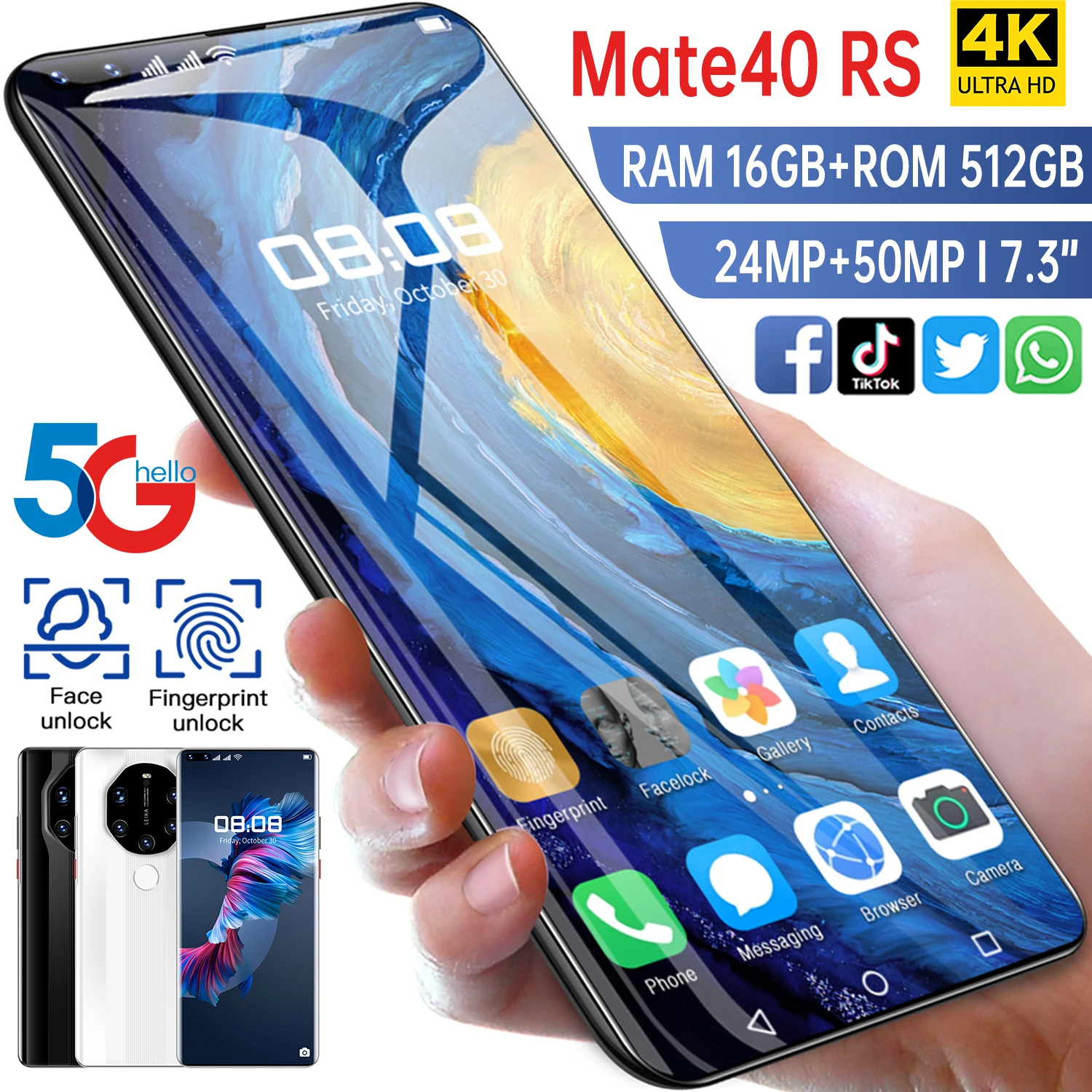 Глобальная Версия 16 ГБ 512 Mate40 RS 7 3 дюймовый смартфон мобильный телефон DVI 24 + 50 Мп 4G