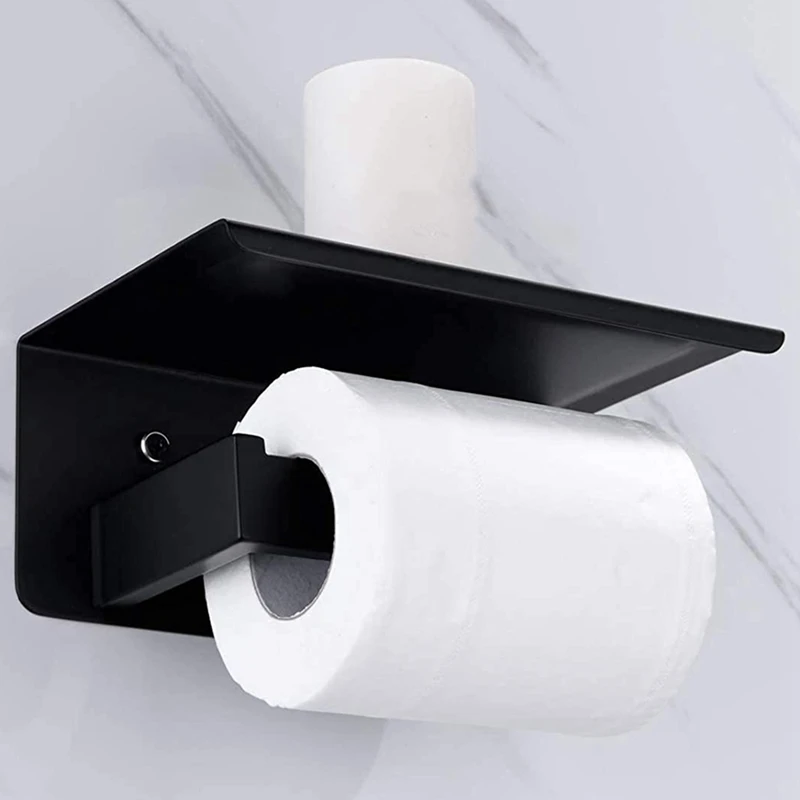 

Matte Black Toilet Paper Holder with Shelf, SUS304 Stainless Steel Bathroom Square, Modern Anti Rust Mounted