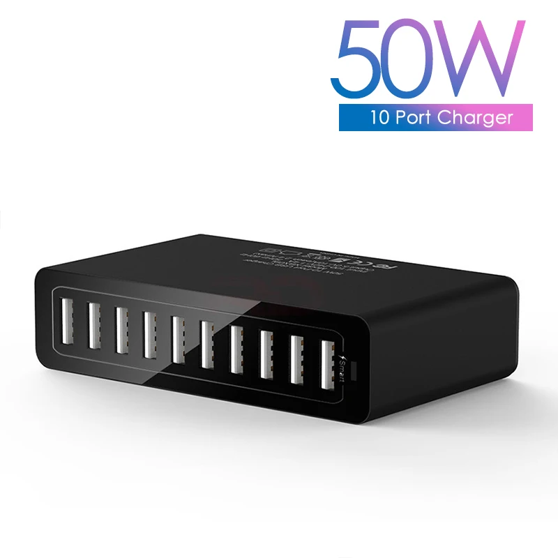 

Quick Phone Charger 10 USB Port Multi Adapter QC 4.0 For Iphone Ipad Laptop Camera Wall Charge UK US EU Plug With Switch