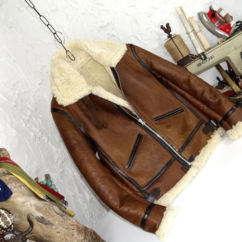 

Brown Men 2020 Retro Military Style B3 Bomber Shearling Coat Plus Size XXXL Genuine Sheepskin Winter Thick Warm Aviator Coat