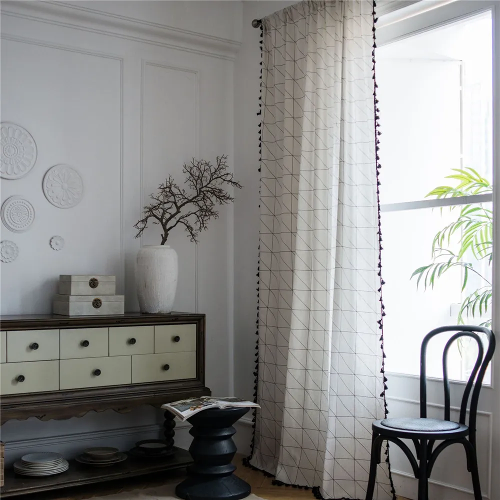 

1.5M Width Household Kitchen Living Room Bedroom Window Geometric Pattern Tassel Curtain