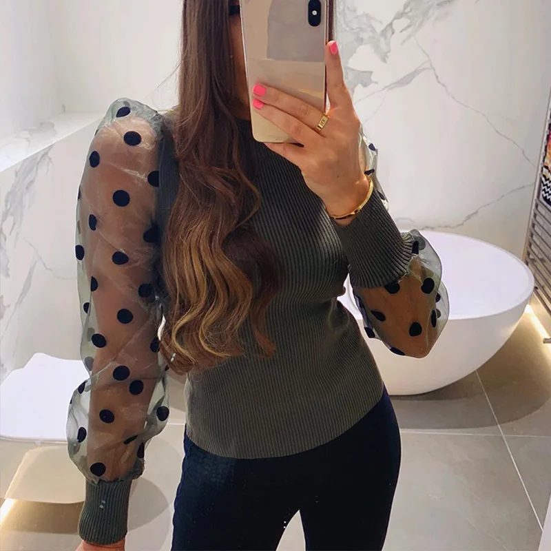 Женская блузка в горошек с пышными рукавами вязанная сетчатая Лоскутная топы 2020