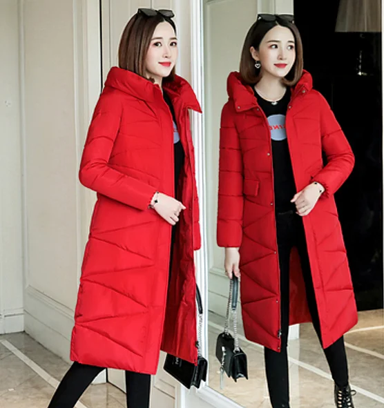 

Hooded Long Women Winter Coat Plus Size Red Black Female Puffer Winter Jacket Hollow Cotton Padded Warm Parka Windbreaker