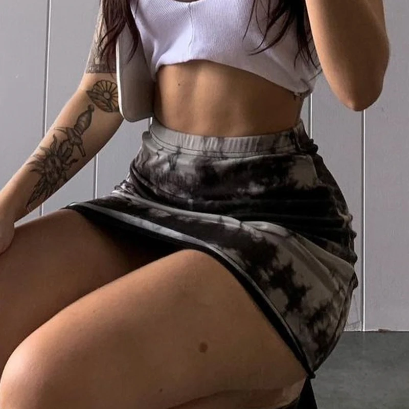 

Rockmore Tie Dye Print Mini Skirts Summer Y2K Aesthetic Wrap Skirt Women Vintage Sexy Elastic High Waist Short Skirt Korean 2021