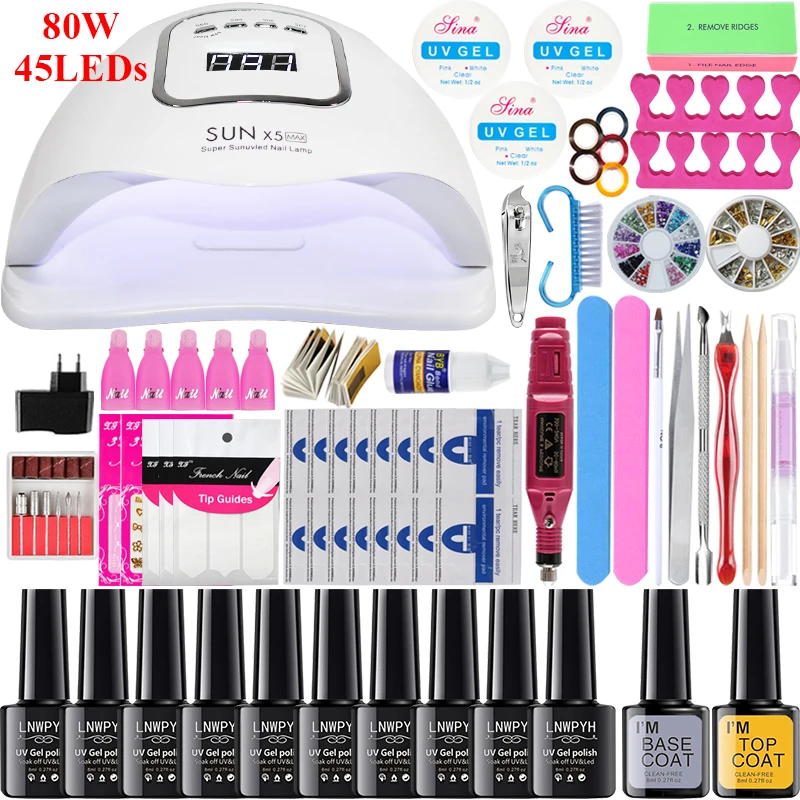choose 10 colors 80W 16/10 pcs Nail Gel Polish Set Kit 90/80/54/36W UV LED Lamp Manicure Set Nail Art Salon ForManicure Tools WIth Nail Drill Machine - Цвет: choose 10 colors 80W