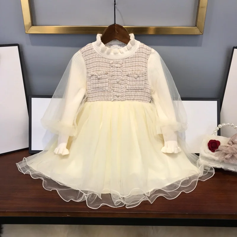 and American children's European wear 2021 winter new style Long - sleeved stand - collar knitting mesh fashion girls baby dress