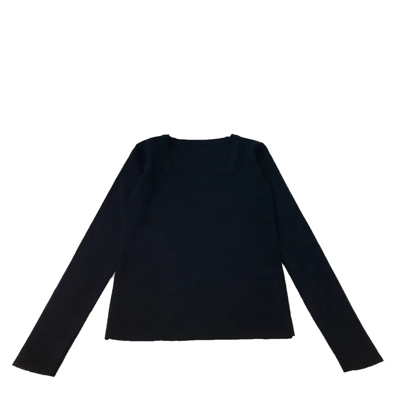 

SAYTHEN 2021 New Solid Color Slim Sexy Temperament Square Neck Long Sleeve Ladies Knitted T-Shirt