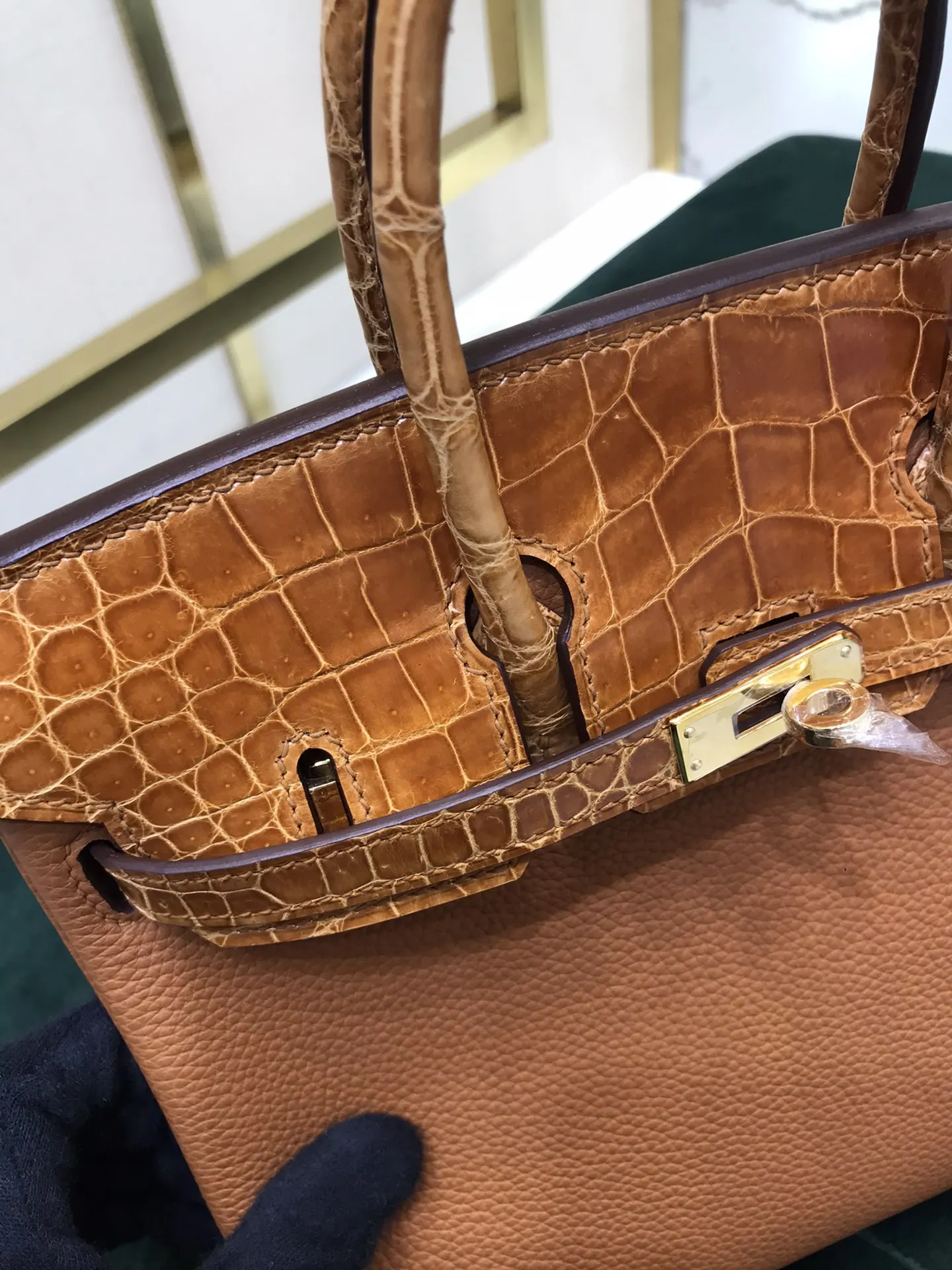 

Fully HANDMADE BRAND Handbag,25CM,Golden Brown Crocodile with TOGO Leather,Luxury purse,Wax line stitiching,Fast delivery