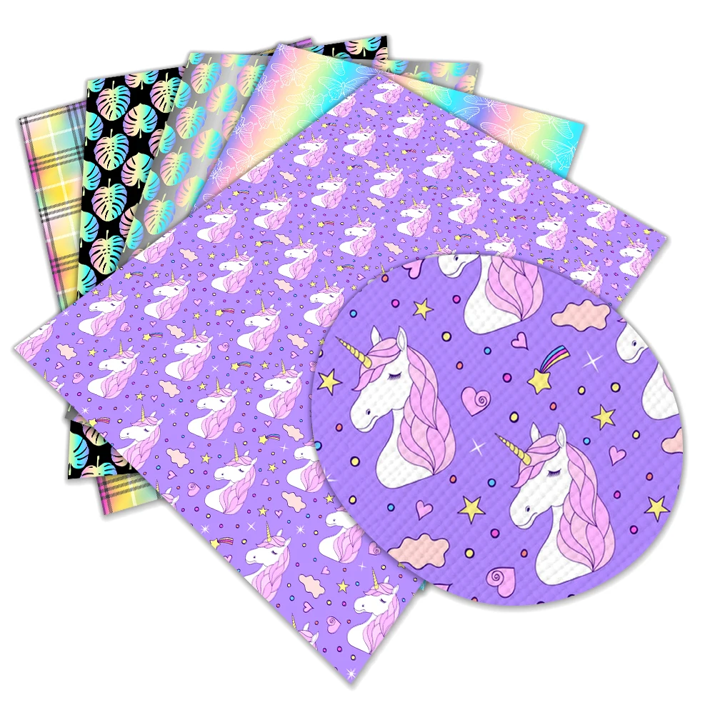 

Unicorn Pattern Printed Faux Leather Rainbow Gradient Sheets for Diy Hair Accessories A4 22*30cm