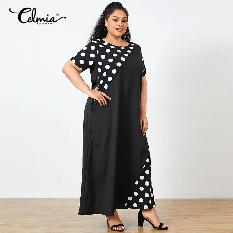 

2021 Women Polka Dot Maxi Dress Celmia Summer Bohemian Short Sleeve Patchwork Sundress Casual Loose Party Vestido Robe Plus Size