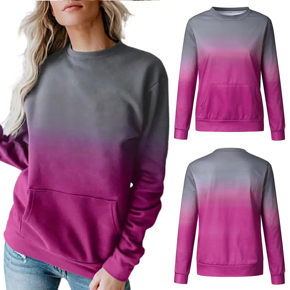 

Womens Long Sleeve Gradient Loose Pullover Casual Sport Sweatshirt Round Neck Sweater Tops