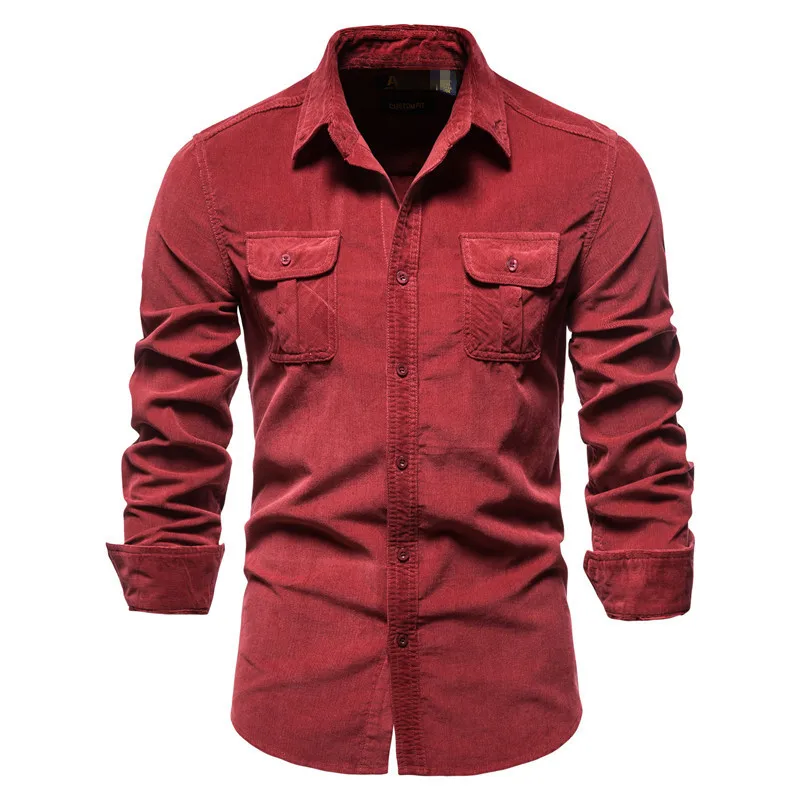 

2021 New Single Breasted 100% Cotton Men's Shirt Business Casual Fashion Solid Color Corduroy Men Shirts Autumn Slim Shirt Men