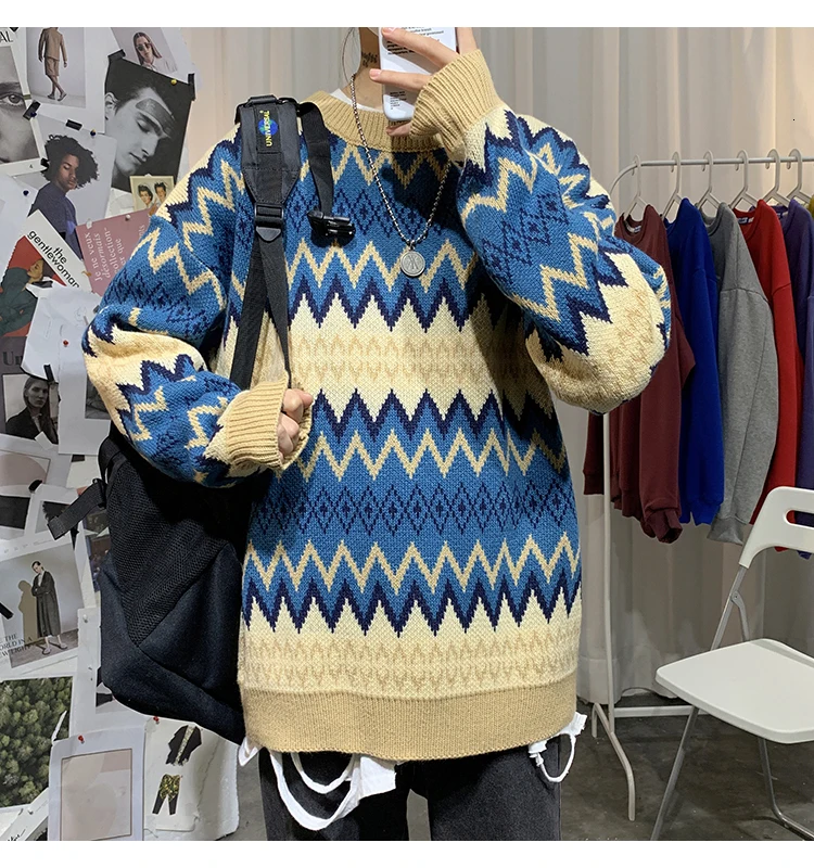Sweater Men's Warm Fashion Contrast Color Casual Retro O-neck Knit Pullover Men Loose Knitting Sweaters Male Sweter Clothes