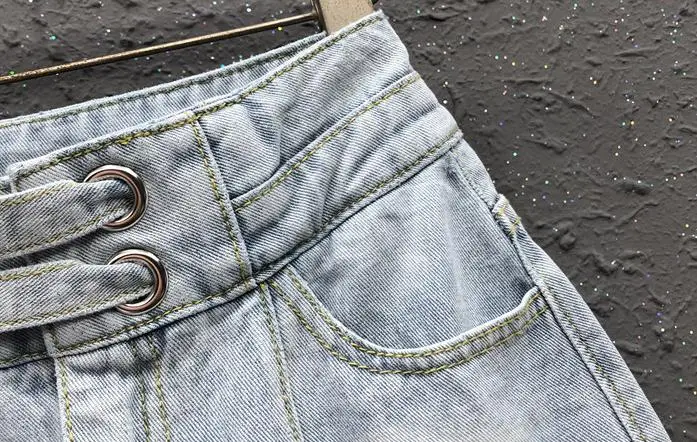 

Korean Woman Summer Cothes , Womens High Waisted Mesh Patchwork Irregular Denim Skirt , Ladies Woman Ruffles Jeans Skirts