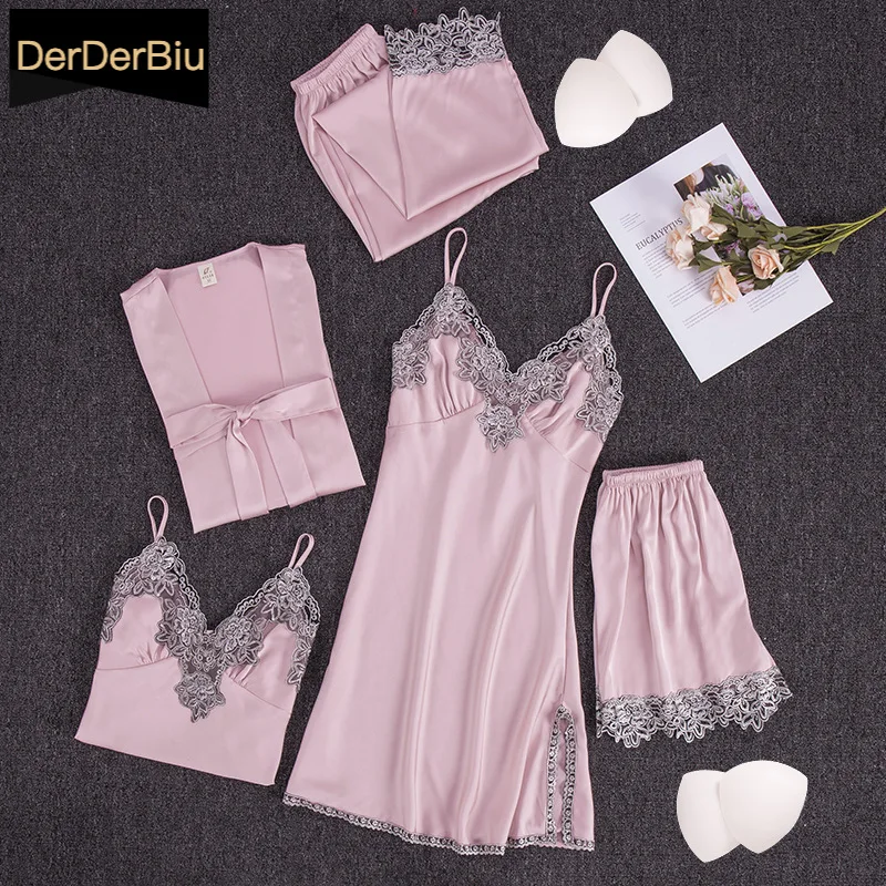 

Silk Women Homewear 5 Pieces Set Sleepwear Sexy Lace Deep V-neck Nightwear Satin Thin Nightdress Female Casual Soft Nightgowns
