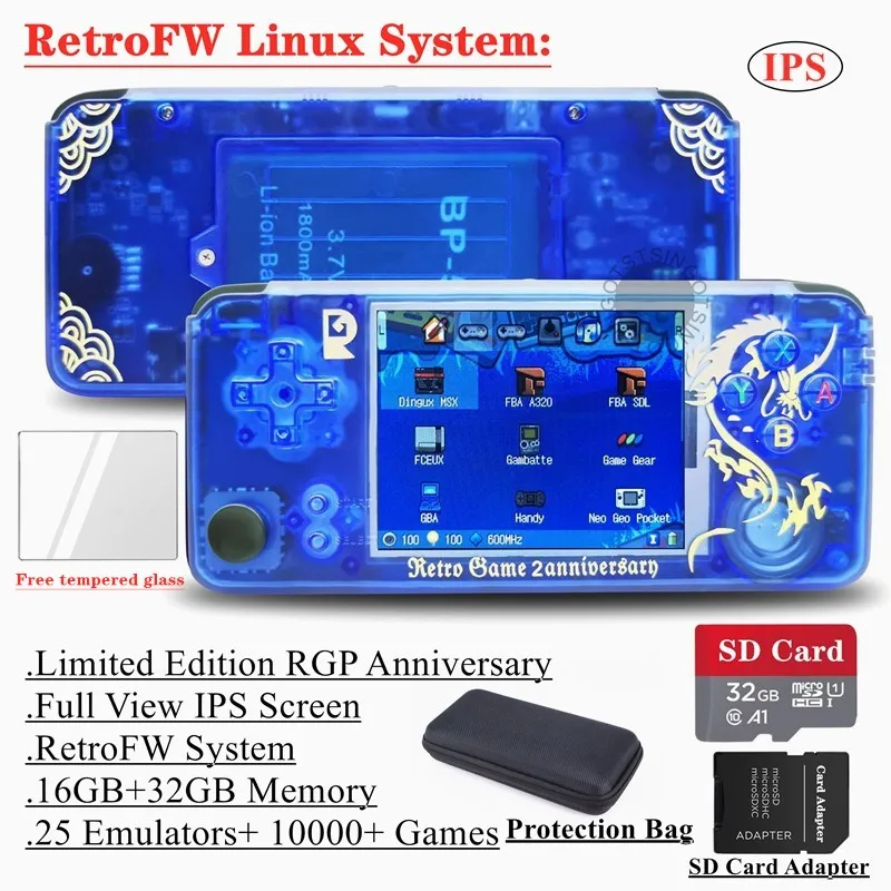Blue 48GB RetroFWOS TSINGO обновленный полный вид ips экран Linux двойная система Ретро игровая консоль 14000+ игровой портативный ручной игровой плеер RetroFW OS - Цвет: Blue 48GB RetroFWOS