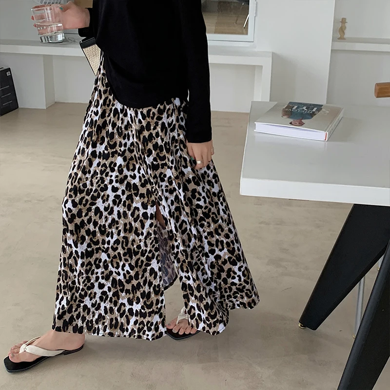 

2022 Summer New Sexy Leopard Print Knitted Ice Silk Long Skirt High Waist Slim Split Casual Women Irregular Skirt Free Shipping