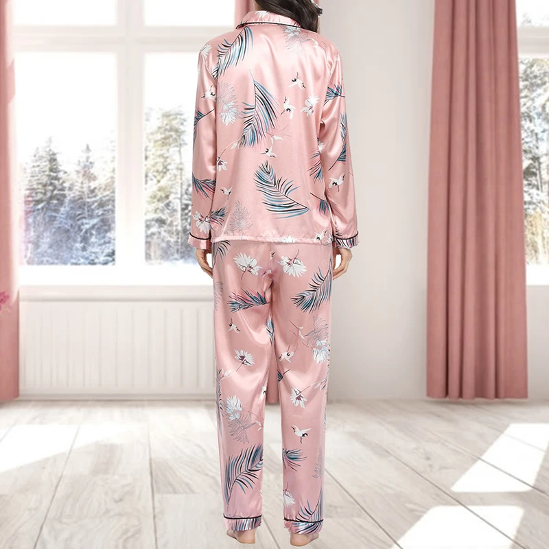 

2021 Summer Silk Satin Pajamas Set Woman Printed Long Sleeve Sleepwear Pajamas Suit Female Sleep Two Piece Loungewear Plus Size
