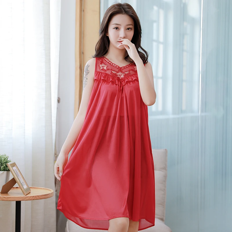 Large Size 4XL Women Sexy Sleep Wear Lingerie V Neck Floral Lace Sleepwear Ice Silk Nightgown Soft Robes Long Loose Sleep Dress
