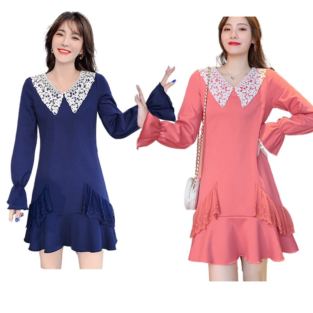 

Плотное платье с длинным рукавом синие розовые корейские осенне-зимние платья весна Питер Пэн воротник Мини юбка с оборками женское платье-...