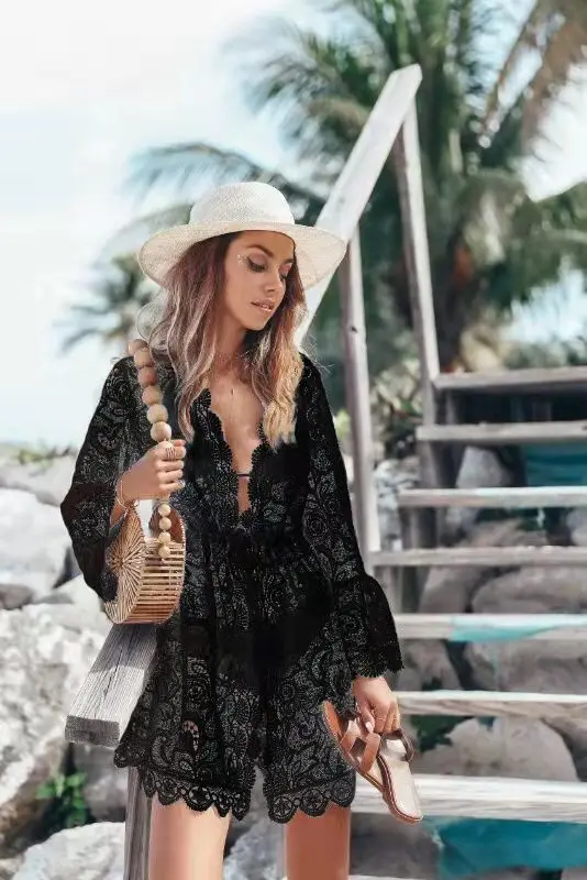 

Women Dress Beach Cover Up Sexy Hollow Out V-Neck Summer Petal Sleeve A-Line Solid Lace Women MINI Dress Euro-America Style