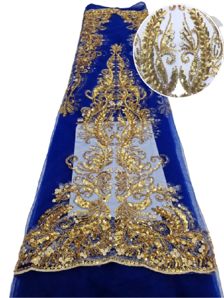 

Latest African Mesh Lace Fabric Embroiderey Sequins royal blue French Tulle Laces Fabric For Nigerian Wedding Party Sew FL58
