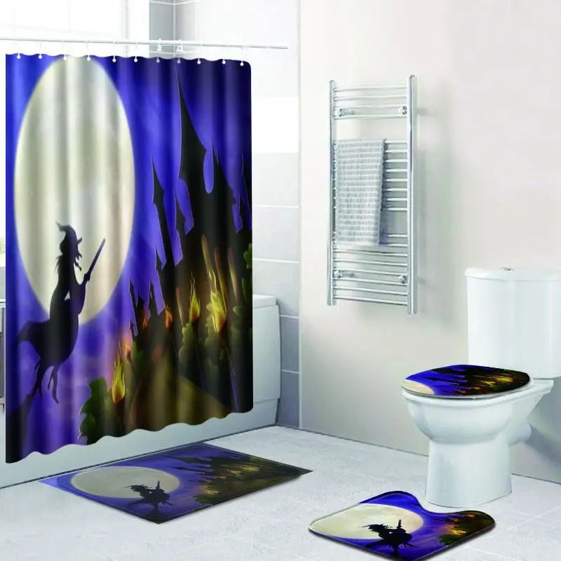 Zeegle Halloween Bath Mat Set with Shower Curtain Absorbent Toilet Pedestal Rug Foot Anti Slip Bathroom Doormat | Дом и сад