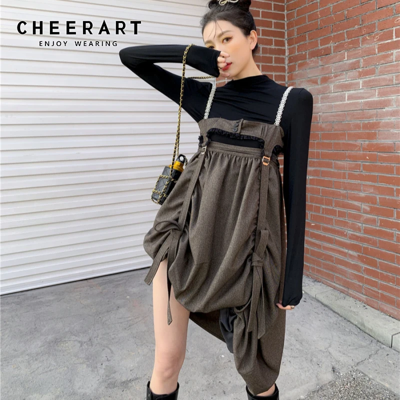 

CHEERART, весна-лето 2021, женское модное платье на бретелях-спагетти, коричневое Бандажное мини-платье на бретелях, дизайнерская одежда