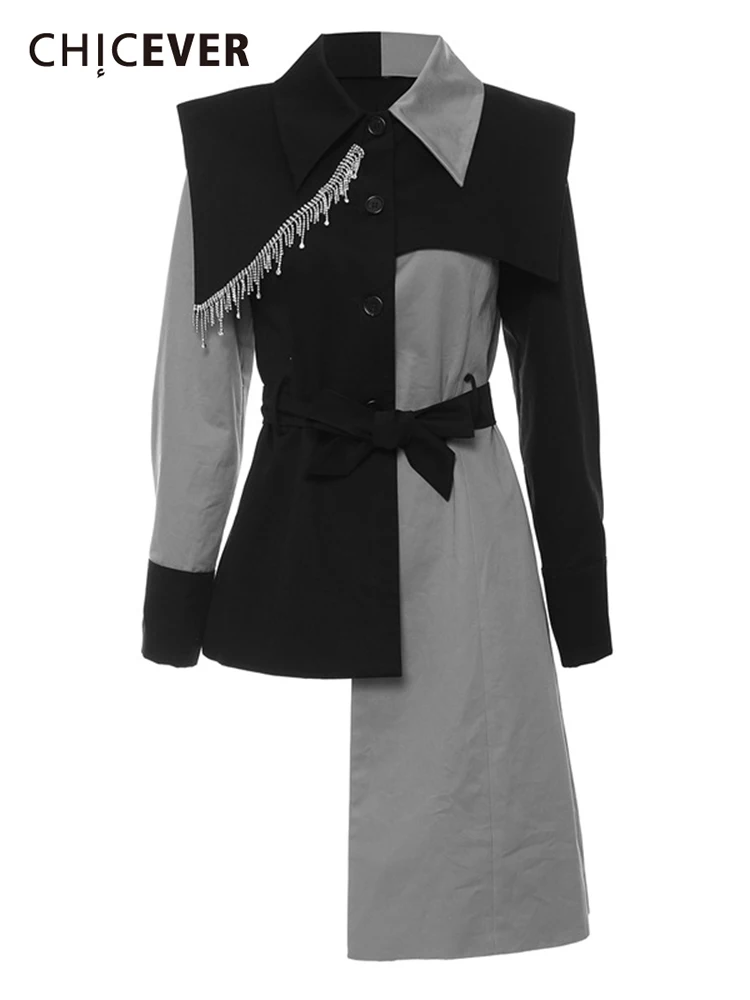 

CHICEVER лоскутное цветное пальто для женщин воротник с лацканами длинный рукав асимметричный подол пальто женская одежда 2021 стиль