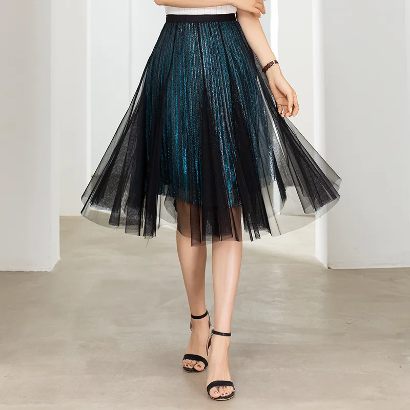 

Fashion Shinny Mesh Pleated Skirt 2021 Summer Women High Waisted Big Swing Casual Loose Elegant Korean Mid-long Skirts 5005