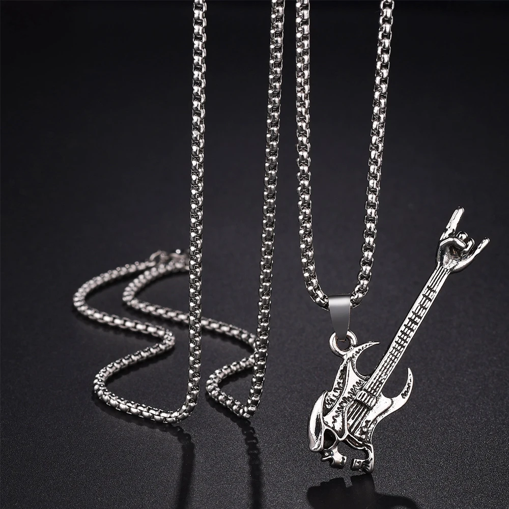 

2021 Rock Hip Hop Musical Guitar Pendant Necklace Best Friends Vintage Necklaces Silvery Link Chain Choker For Men Women Gift