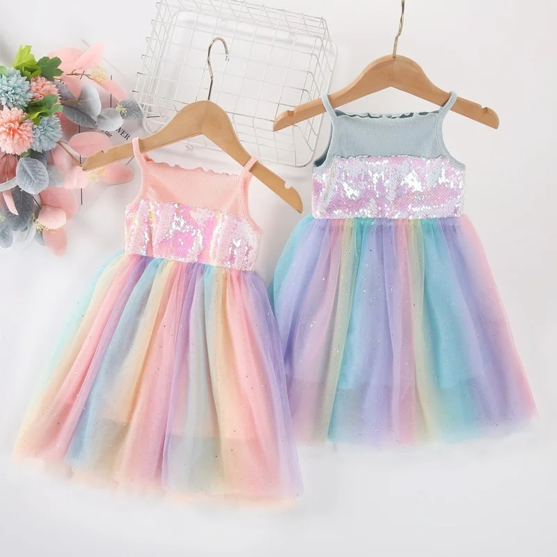 

New Children Clothes Flower Girl Sense Rainbow Suspender Mesh Dress Kids Performance Dresses for Girls Sequins Princess Dress