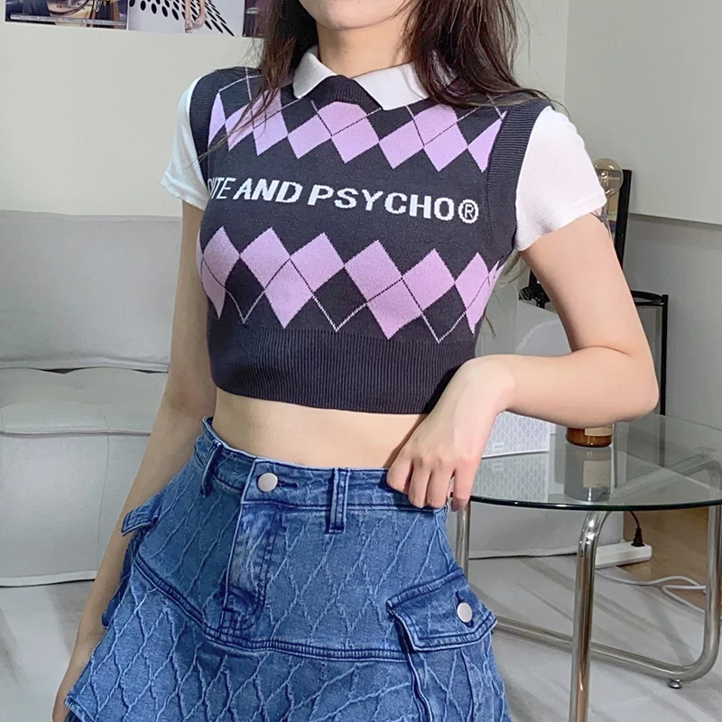

Weekeep Harajuku Plaid Sweater Vest Women Sleeveless Bodycon Korean Cropped Tanks Autumn y2k Streetwear Top Vintage 90s Knitwear