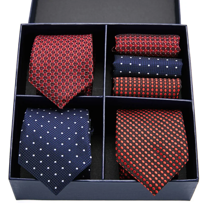 

Luxury Men's Necktie Handkerchief Neckties Set Classic Men's Lattice Stripe Wedding Ties Jacquard Woven Men Neckties Gift Box