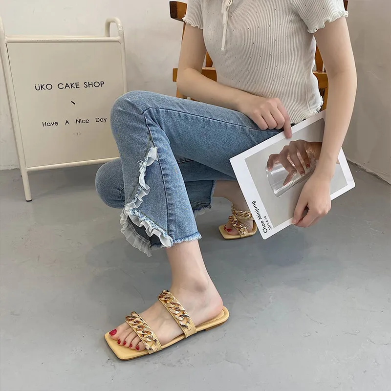 

Beach Shoes Slippers Casual Square Toe Slipers Women Slides Sabot Luxury Summer Soft Flat 2021 PU Rome Rubber Basic Beach Shoes