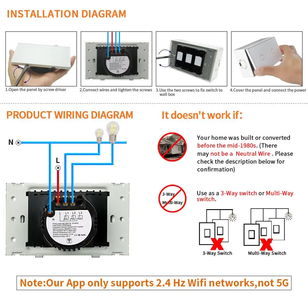 

Bingoelec WIFI 2 Gang 1 Way Touch Switch US Standard Smart Automation Wall Switch Wireless Control By Tuya Support Google Home