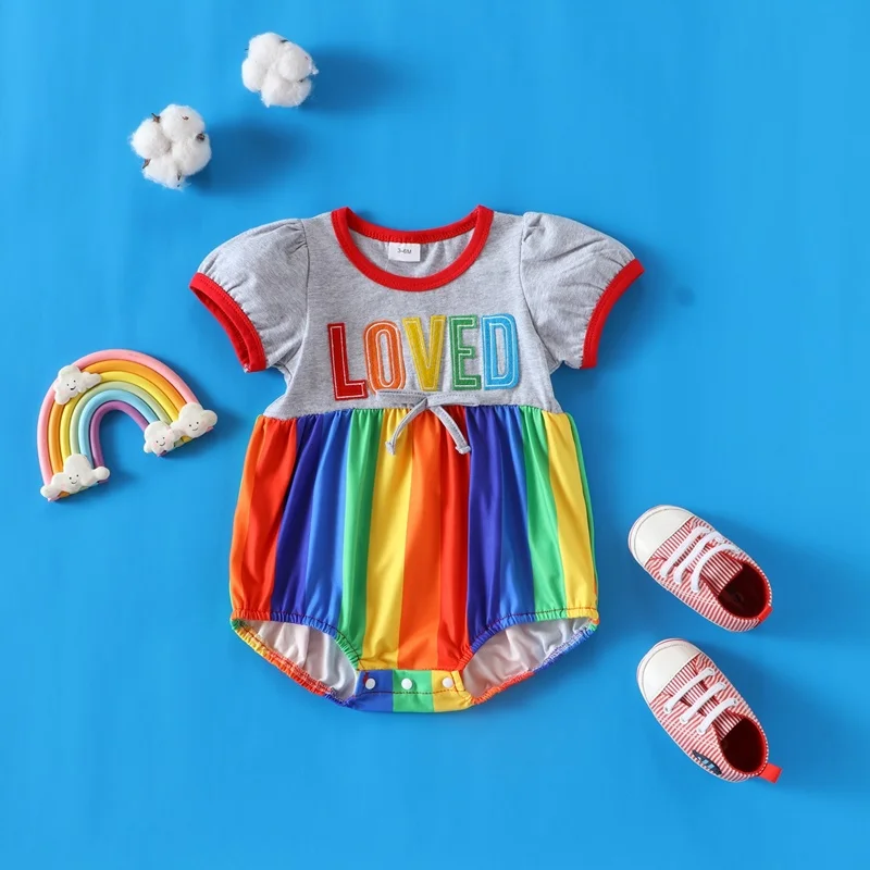 

New Baby Clothes Summer Newborn Girl Outfit Cotton Letter Colorful Rainbow Striped Short Sleeve Baby Bodysuit Baby Rompers 0-18M