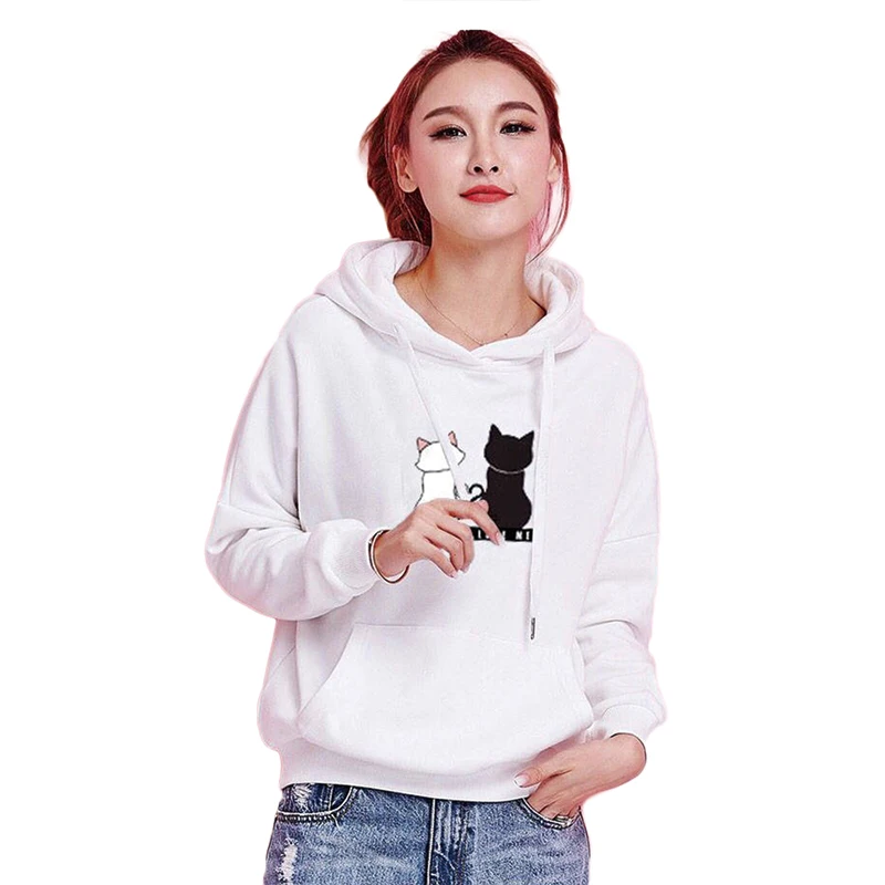 

QRWR 2020 Autumn Winter Women Sweatshirt Casual Cat Print Pocket Hoodies Loose Long Sleeve Pullovers Sweatshirt Women