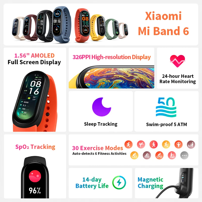 Умный Браслет Xiaomi Mi Band 6 глобальная Версия смарт браслет 5 цветов с органическими