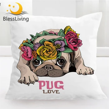 BlessLiving Puppy Decorative Throw Pillow Cover Cartoon Pug Dog Pillow Case Floral Animal Pillowcase 45x45cm Sofa Cushion Cover 1