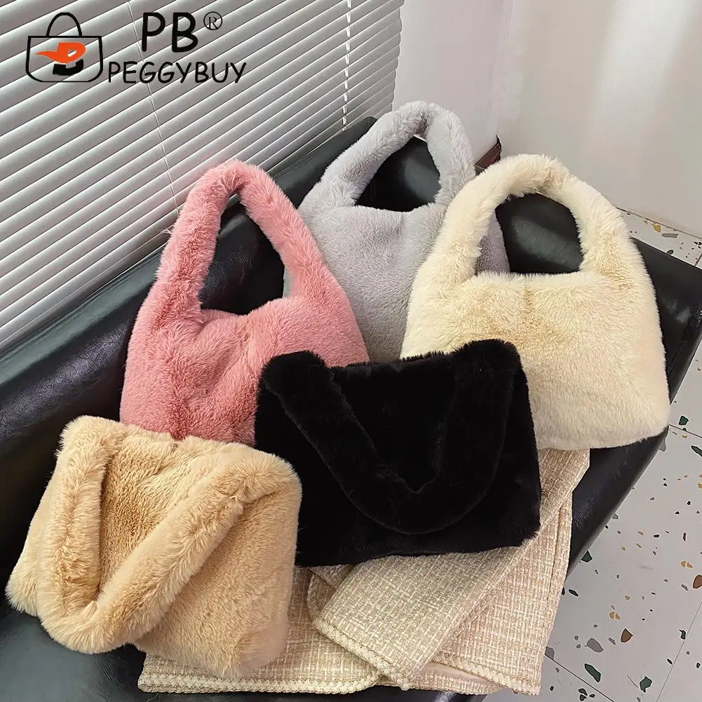 

Portable Women Autumn Winter Soft Warm Plush Single Strap Handbags Fashion Solid Color Large Capacity Armpit Phone Bag